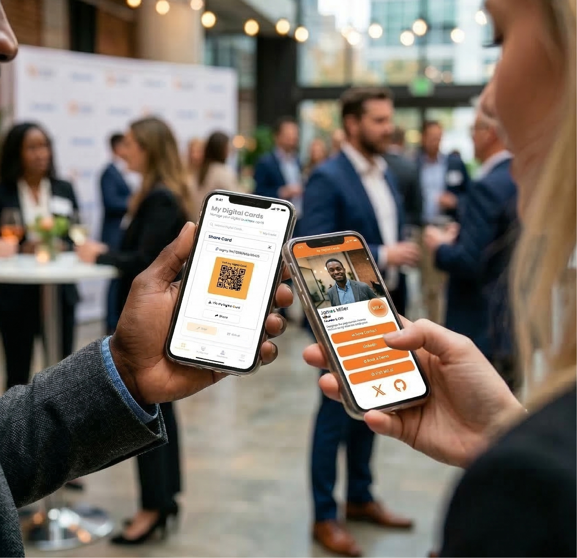 Person scanning a QR code at a networking event and seeing a digital business card on their phone